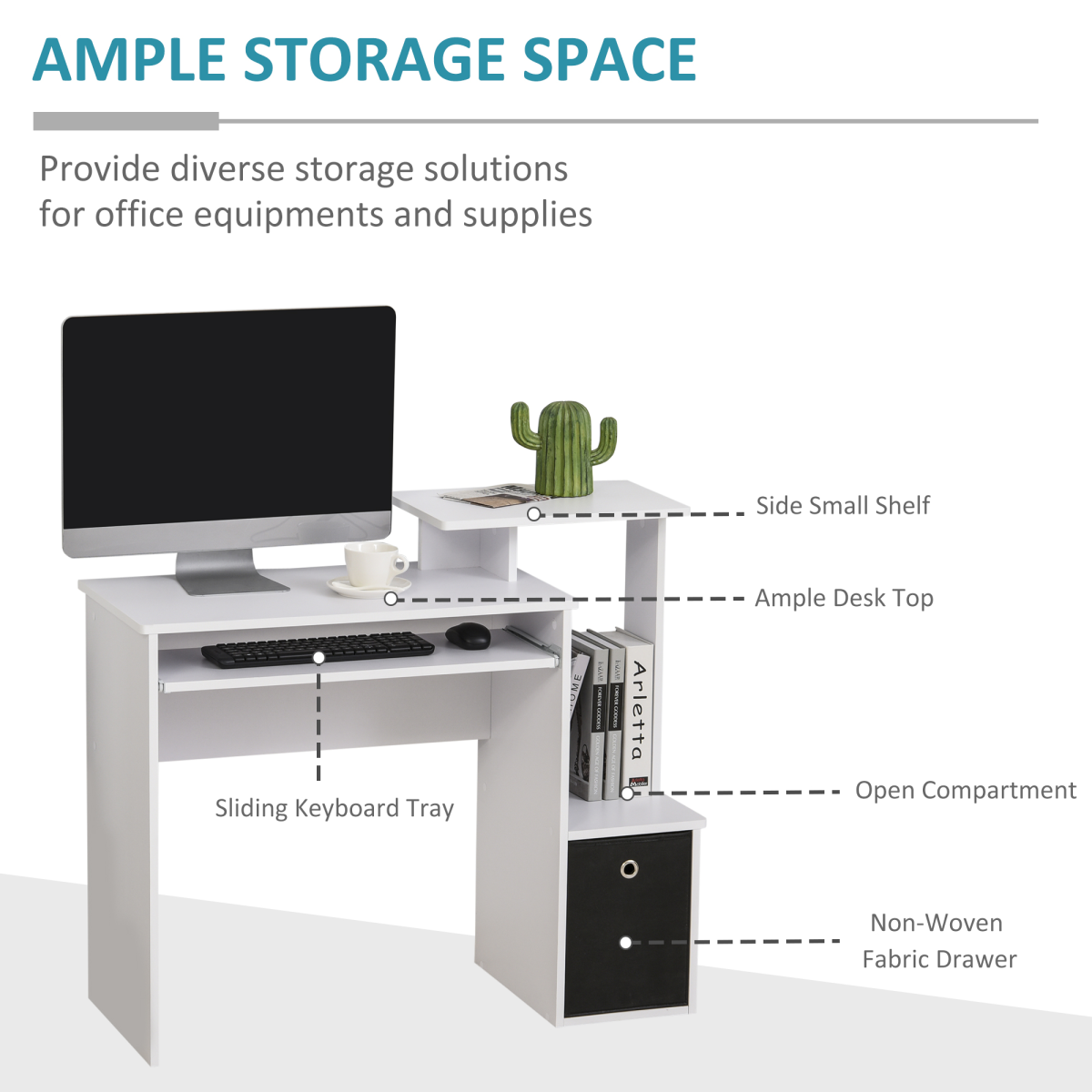 HOMCOM White Computer Desk with Sliding Keyboard Tray, Storage Drawer and Shelf