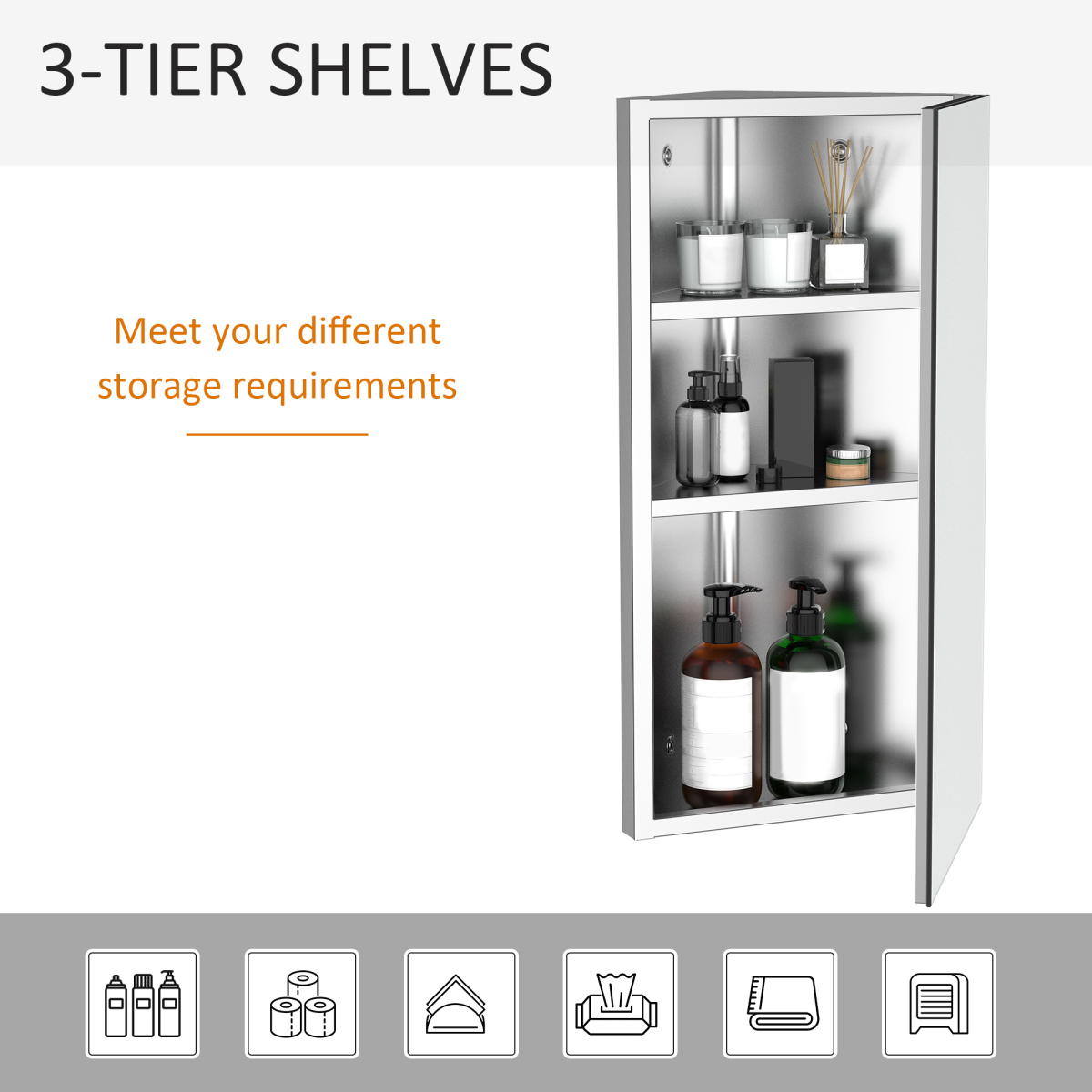 HOMCOM Stainless Steel Floating Corner Bathroom Cabinet with Mirror