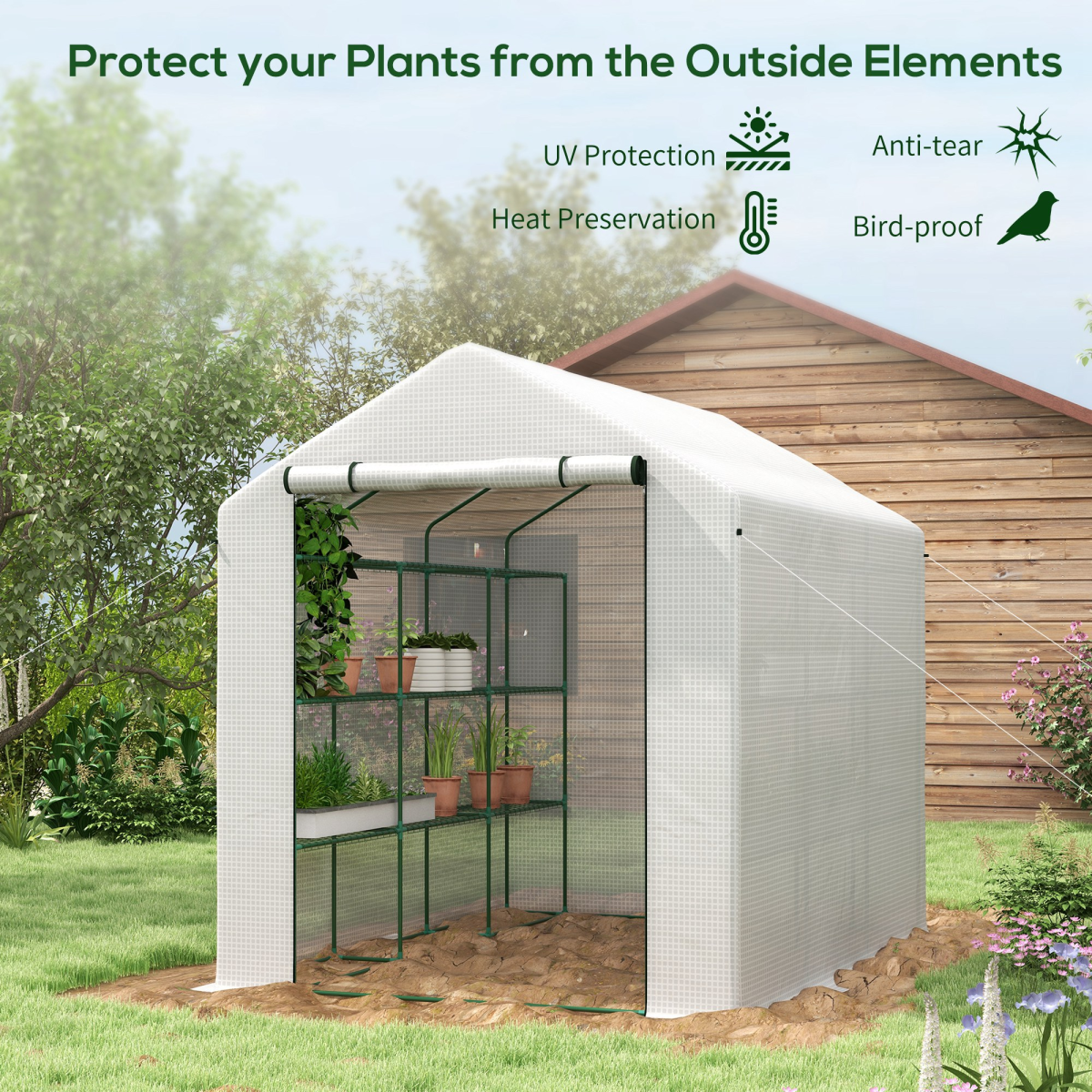 Outsunny Walk-In Garden Greenhouse with 3-Tier Shelves, Roll-Up Door