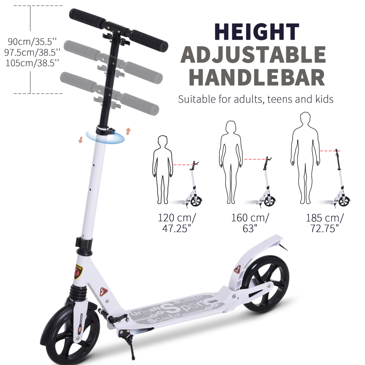 Kick Scooter Folding 2 Big Wheels Adjustable Adult Teens For 14 White HOMCOM