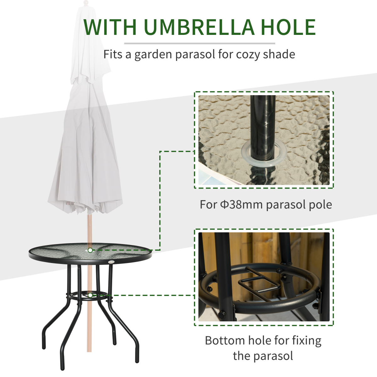 Outdoor Round Dining Table, Tempered Glass Top, Steel Frame, Parasol Hole, 80cm