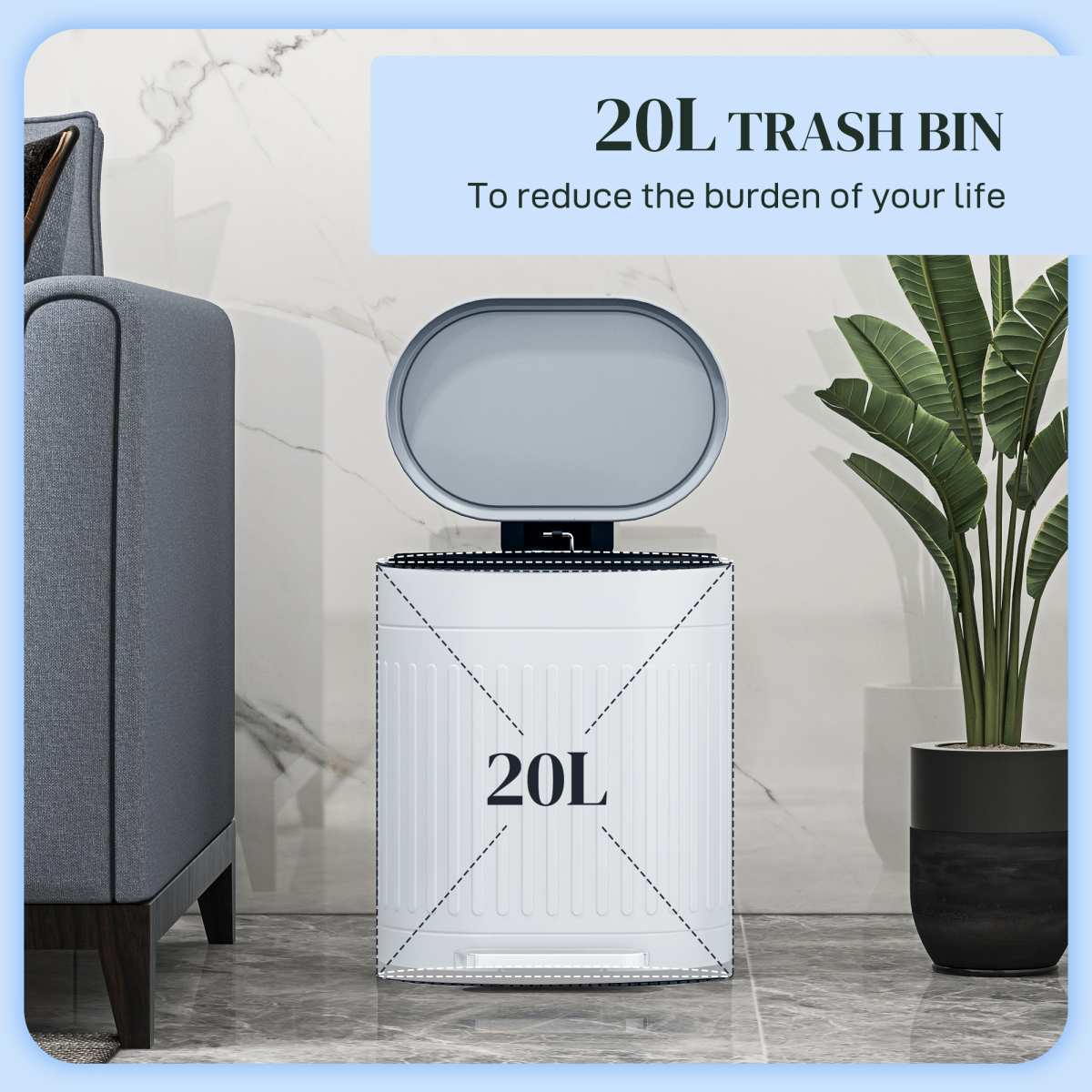 HOMCOM 20L Soft Close Pedal Bin with Stay-Open Lid - Grey