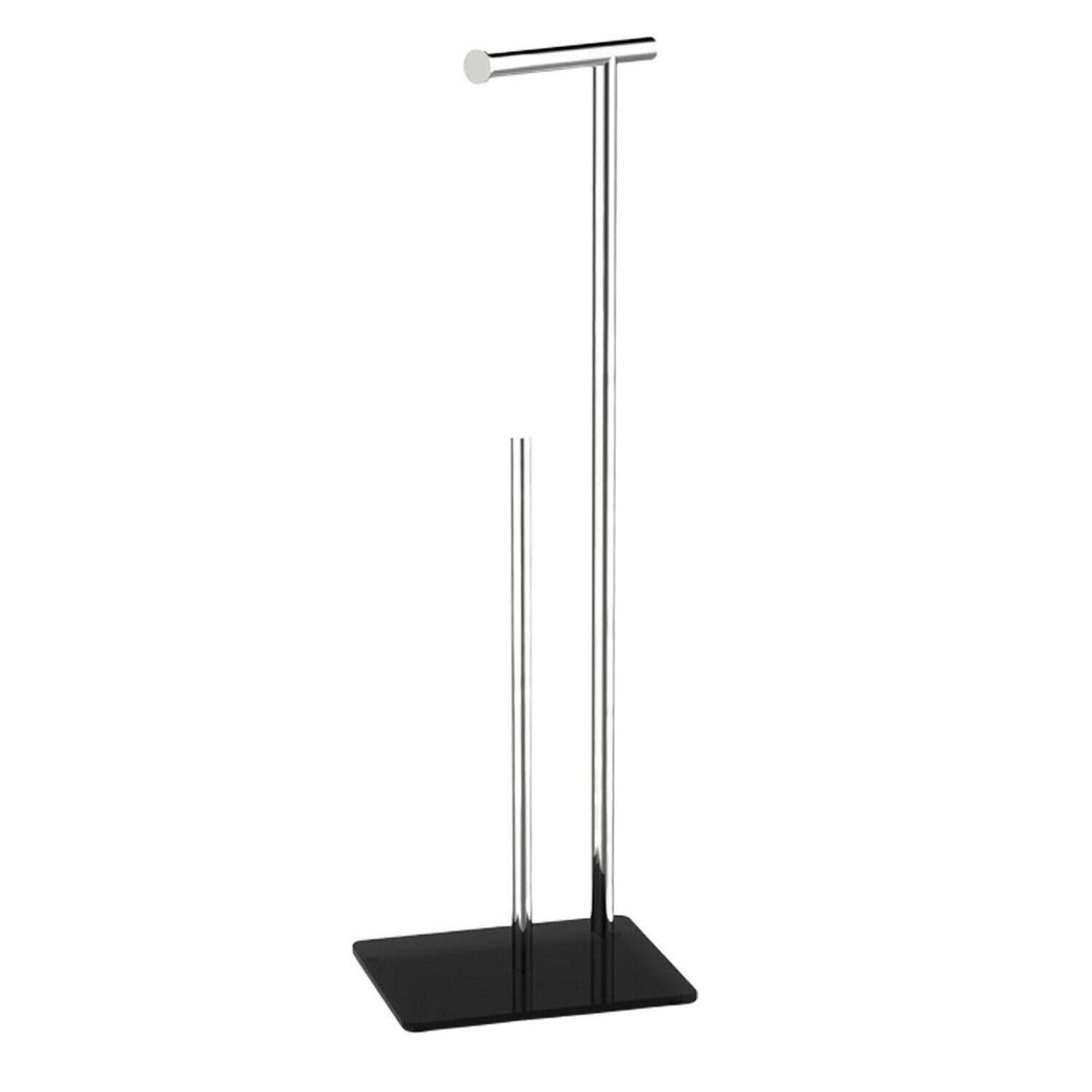 Free-Standing Stainless Steel Toilet Roll Holder and Storage Stand with Black Tempered Glass Base