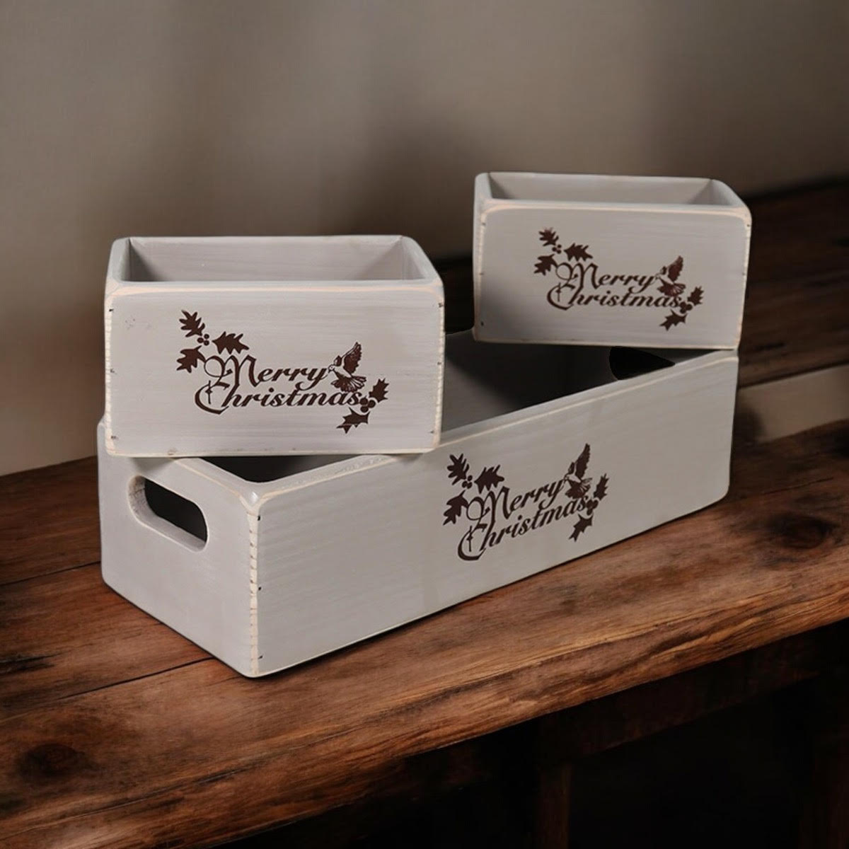 MSL Set of 3 Rustic Grey Wooden Christmas Boxes