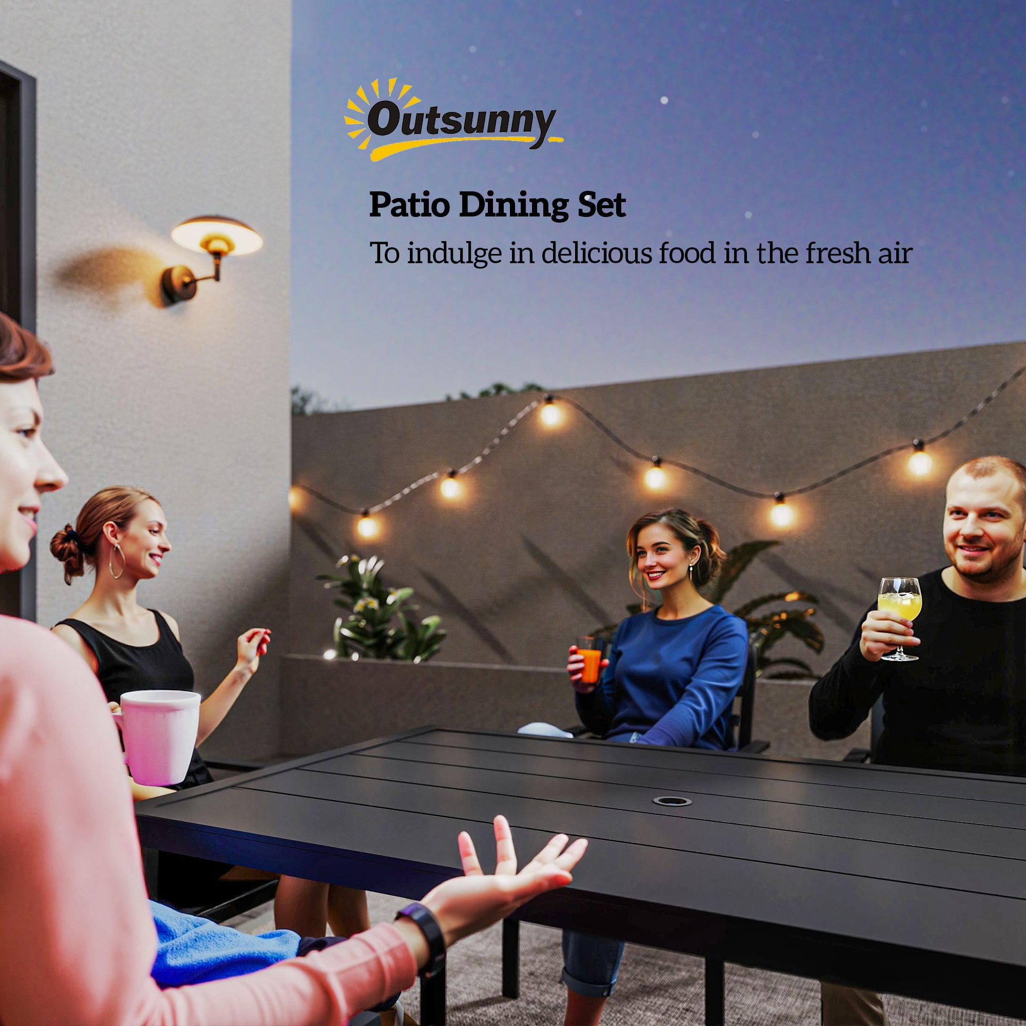 Outsunny 7 Piece Outdoor Garden Dining Set with Metal Table and 6 Stackable Armchairs, Black