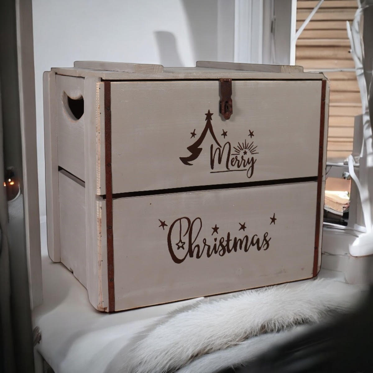 MSL 42cm Rustic Grey Wooden Christmas Box with Lift-Up Lid, Hand Finished
