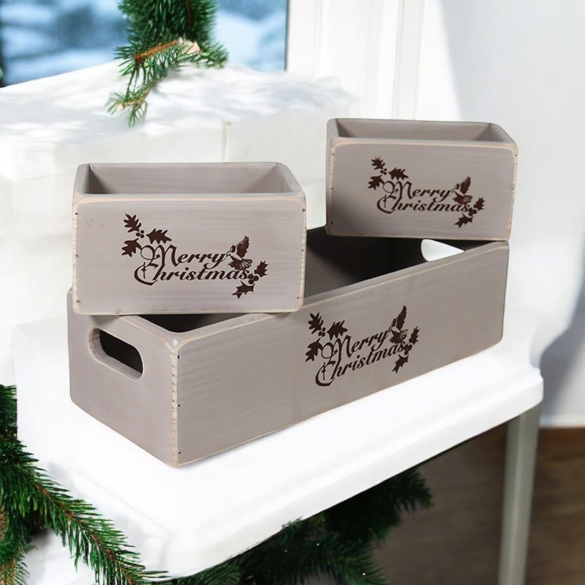 MSL Set of 3 Rustic Grey Wooden Christmas Boxes