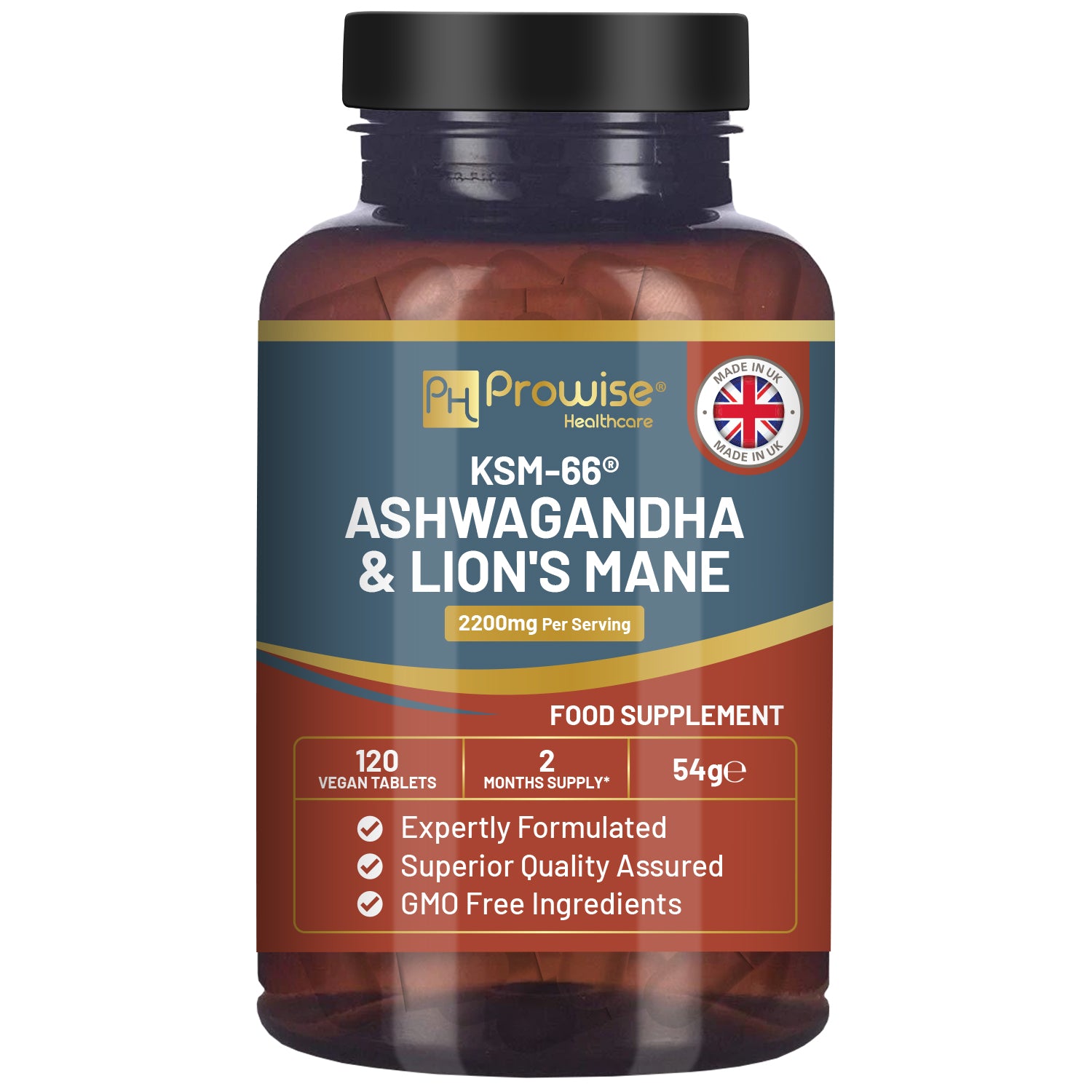 KSM-66 Ashwagandha and Lions Mane Tablets 2200mg, 120 Vegan Tablets with Black Pepper, UK Made