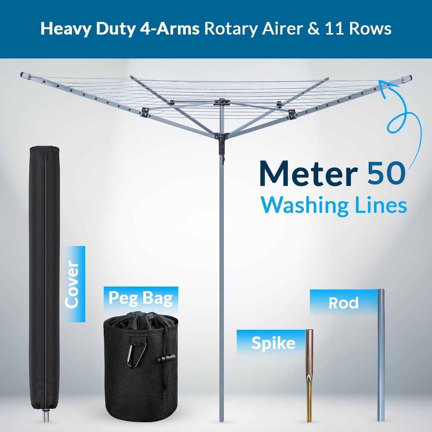 60m 4 Arm Rotary Airer Washing Line with Metal Ground Socket