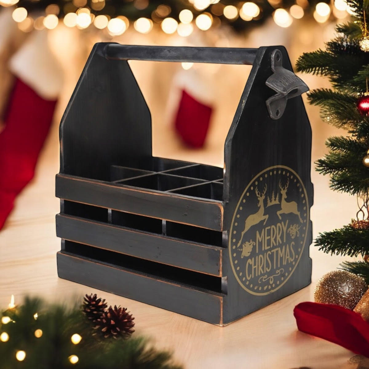 Black Rustic 6 Bottle Holder with Metal Opener, Hand Finished