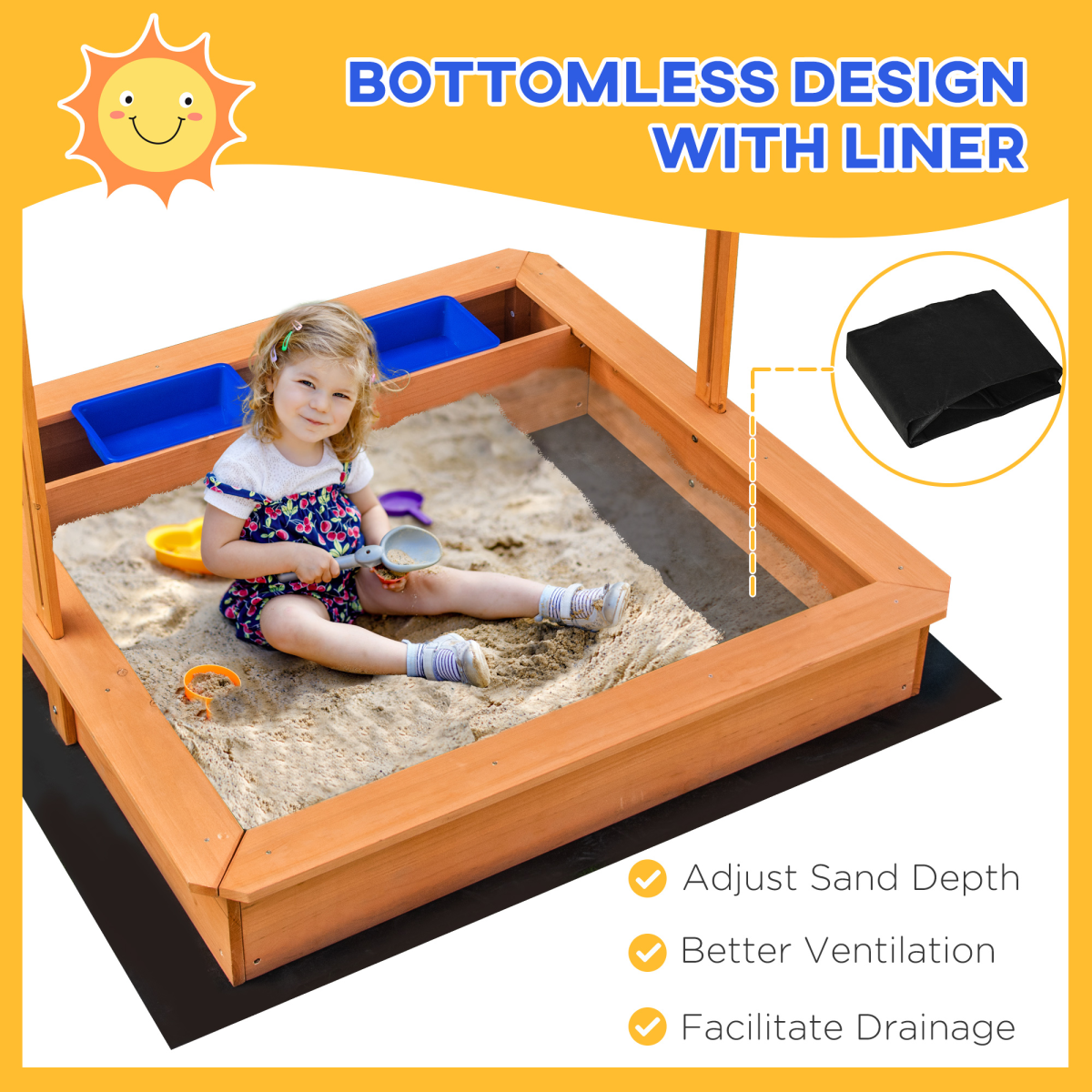 Kids Wooden Sandbox Sand Pit with Adjustable Canopy, Wooden Structure, Non-Woven Liner, Outsunny