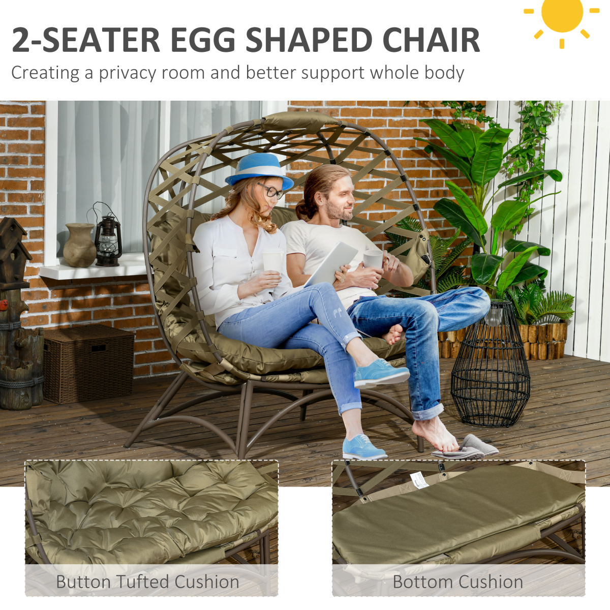 Outsunny 2-Seater Outdoor Egg Chair with Cushion and Cup Pockets, Khaki