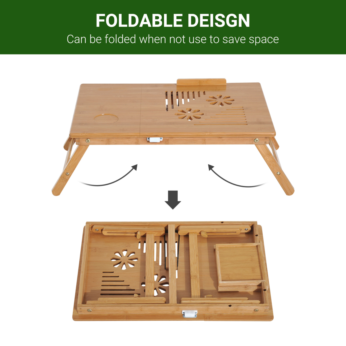 Portable Adjustable Bamboo Laptop Bed Tray Table with Drawer and Cup Slot