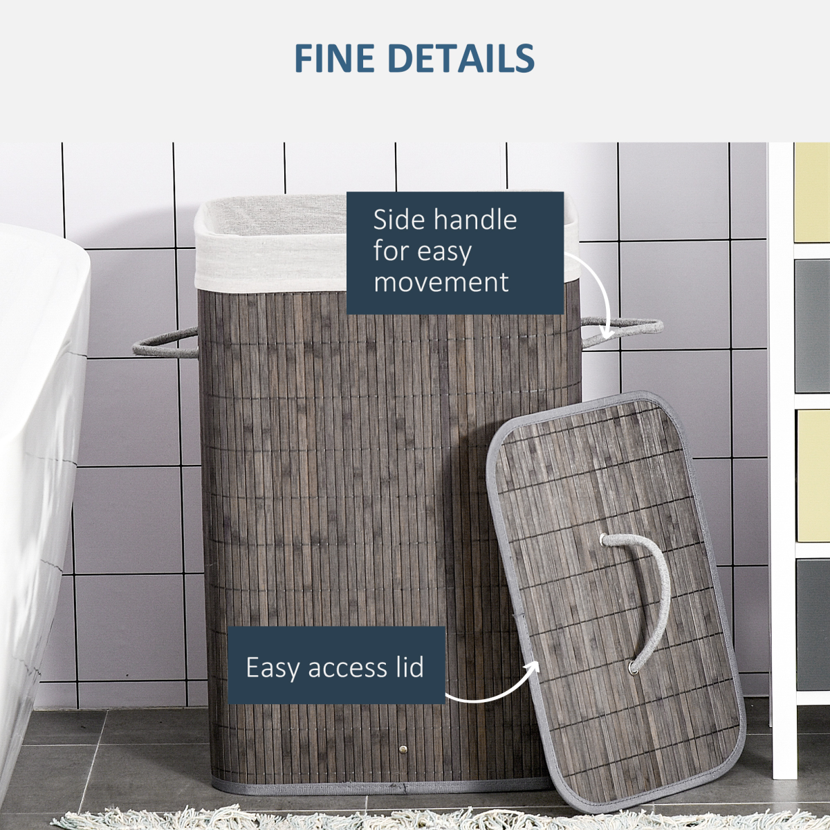 HOMCOM Bamboo Laundry Basket with Flip Lid, Foldable, Removable Washable Lining, Side Rope Handles