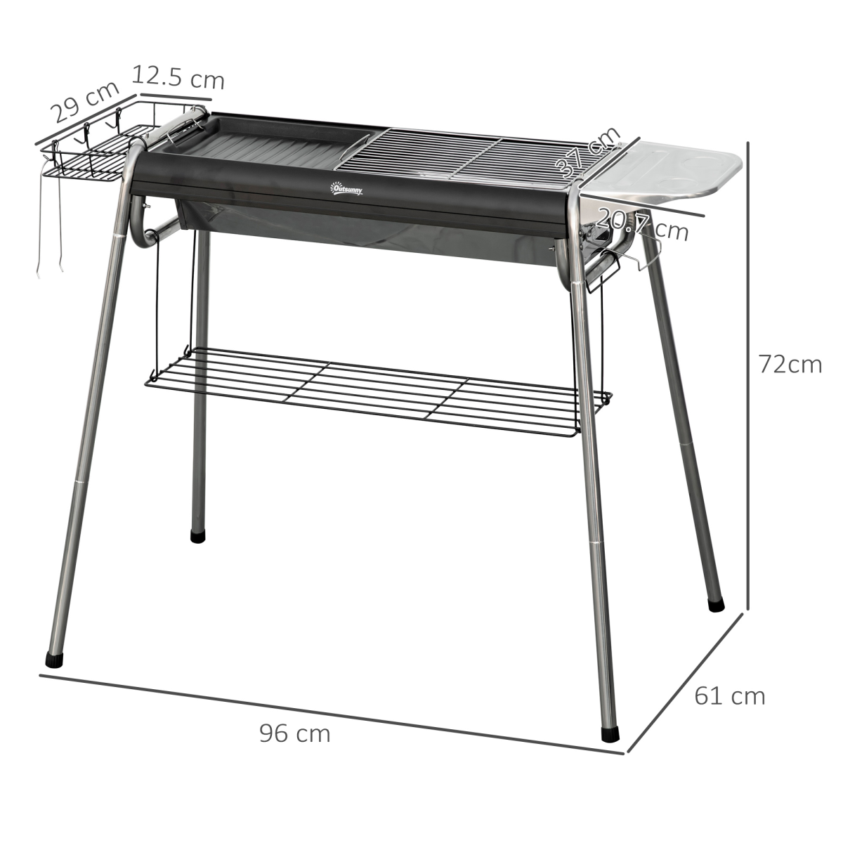Outsunny Charcoal BBQ Grill with Griddle Plate, Shelves, Black