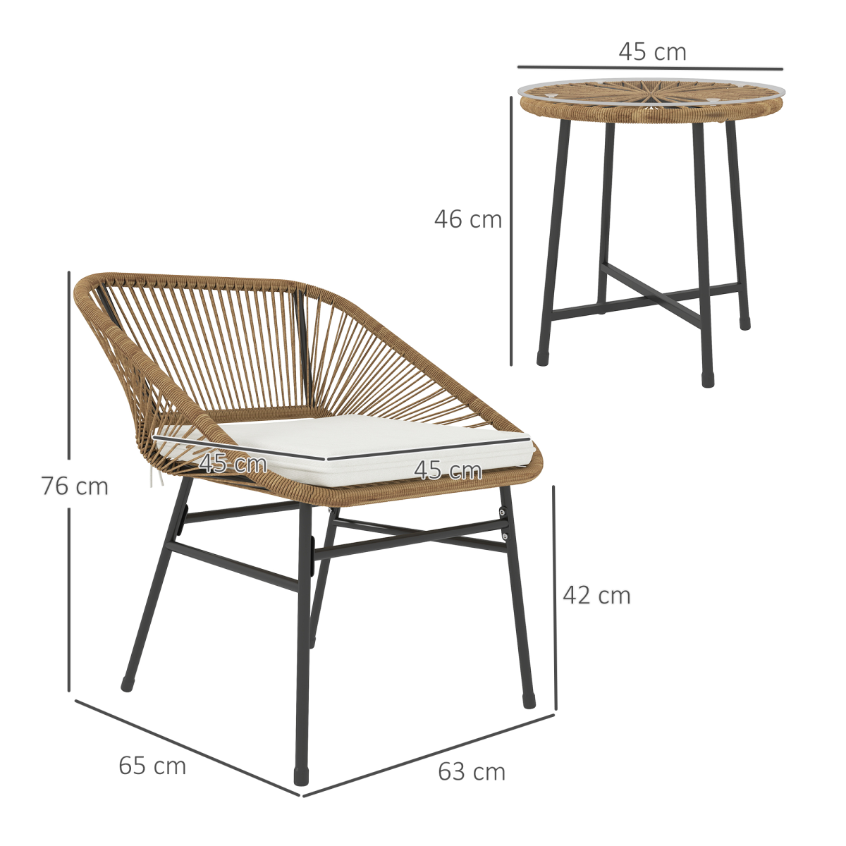 Outsunny 3-Piece Rattan Bistro Set with Cushions for Balcony