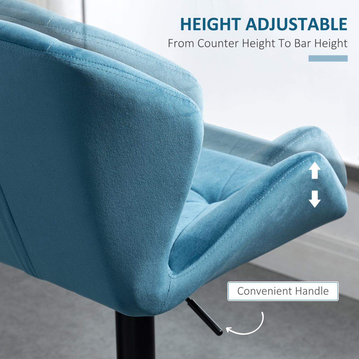 HOMCOM Set of 2 Blue Velvet-Feel Adjustable Bar Stools with Metal Base