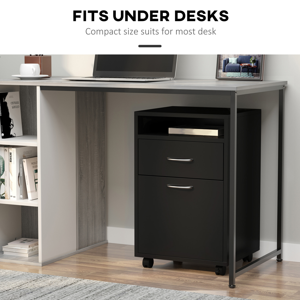 60cm Tall Storage Cabinet with Drawer, Open Shelf & Lockable Wheels, Black