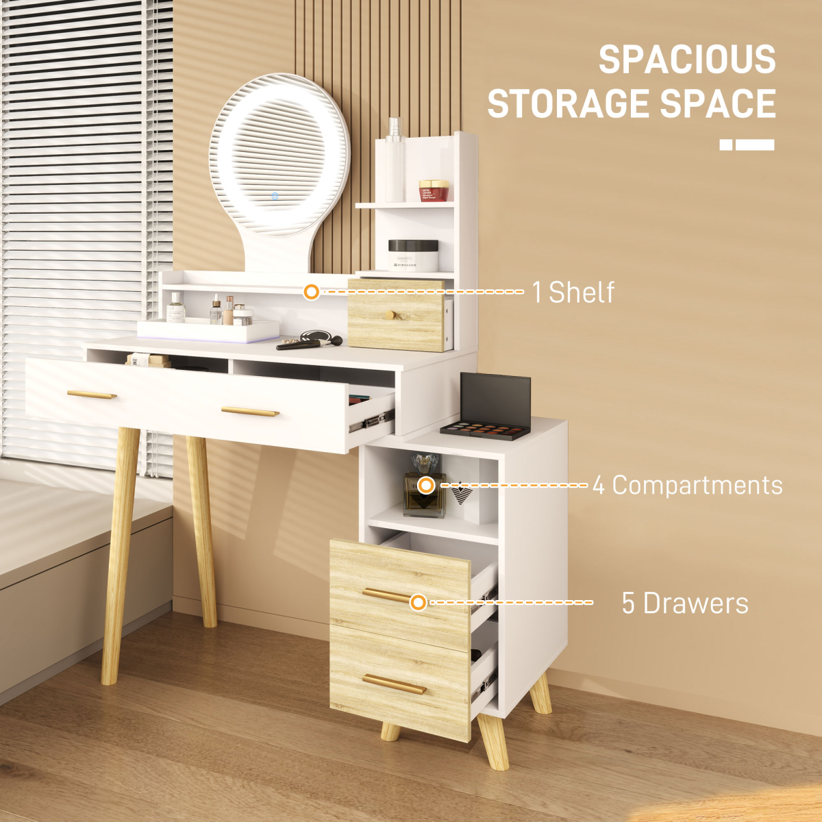 HOMCOM White Vanity Table with Mirror, LED Lights, 5 Drawers