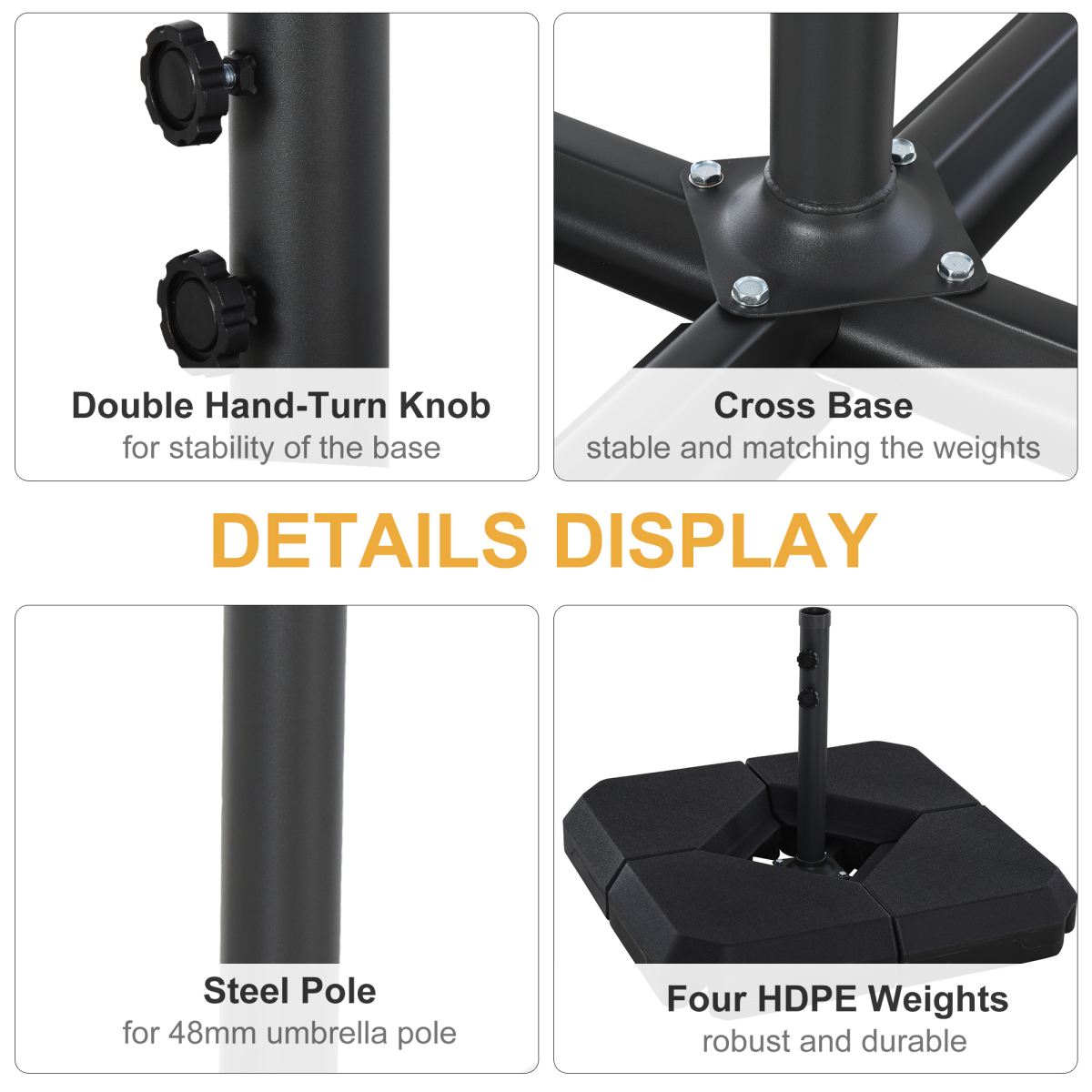 Outsunny 4-Piece Fillable Parasol Base for 48mm Poles, Black