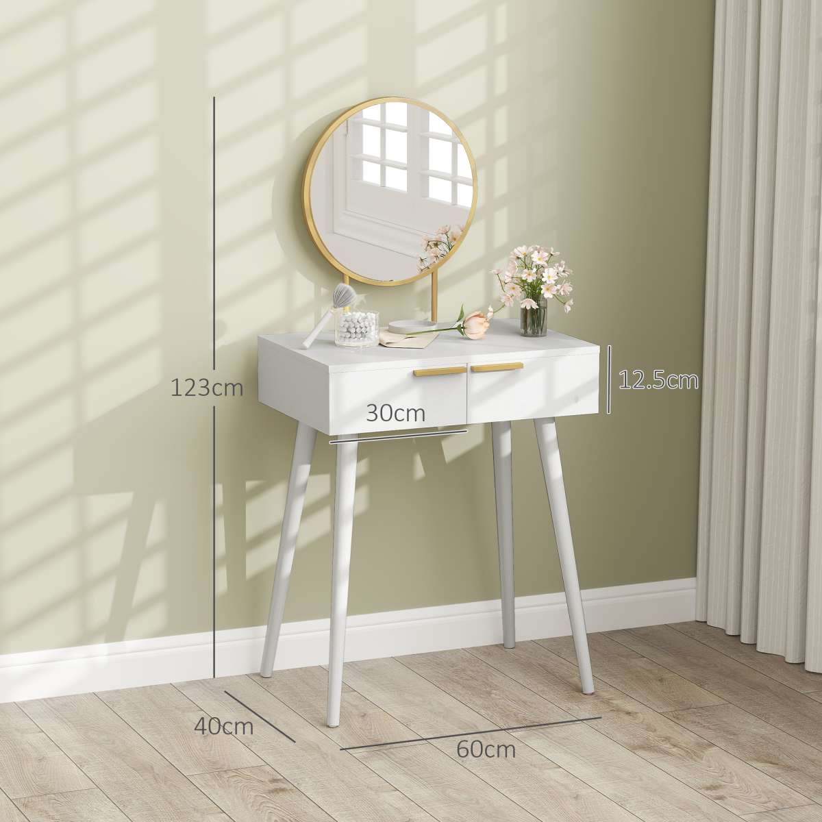 HOMCOM Modern Dressing Table with 2 Drawers & Round Mirror, White