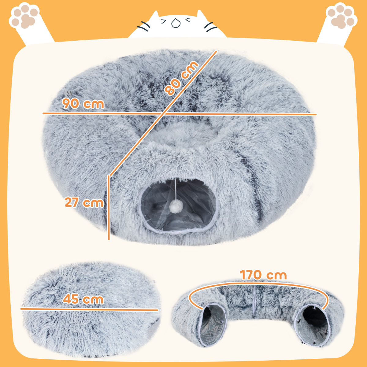 PawHut Foldable Donut Cat Tunnel Bed with Washable Cushion, Light Grey