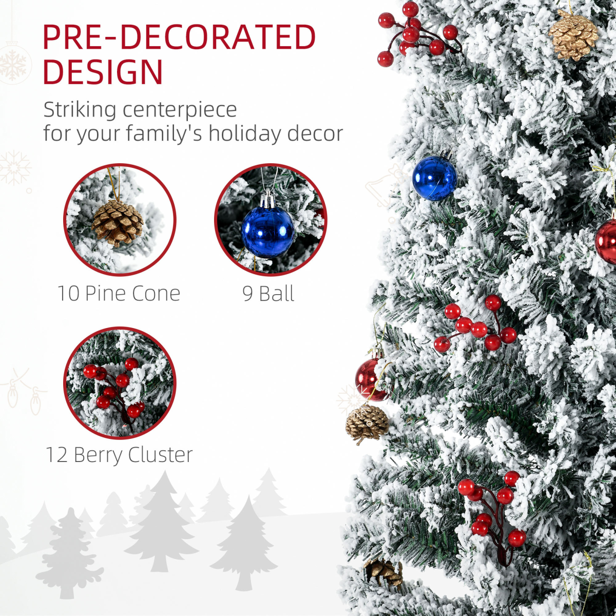 HOMCOM 7ft Artificial Christmas Tree with Flocked Tips, LED Lights & Decorations