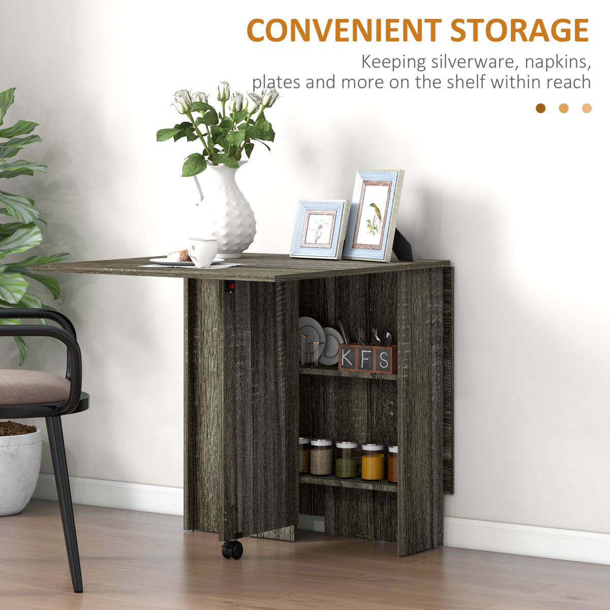 AIYAPLAY Grey Mobile Drop Leaf Dining Table with Wheels & Shelves