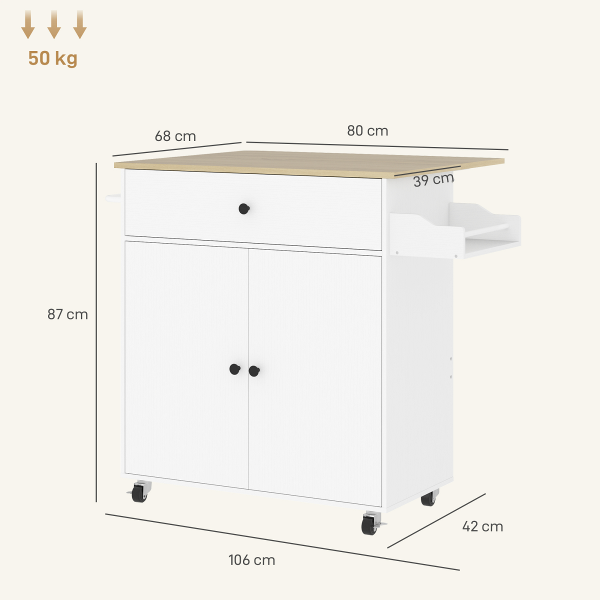 HOMCOM Rolling Kitchen Island with Drop Leaf, Storage Trolley, White