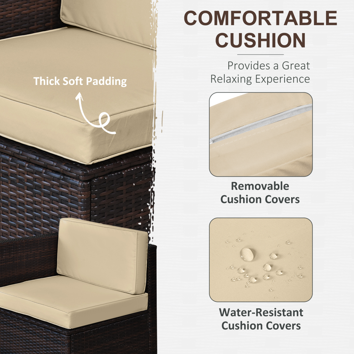 Outsunny 6-Seater Outdoor Rattan Sofa Furniture Set with Cushions, Steel Frame and Tempered Glass Table, Brown