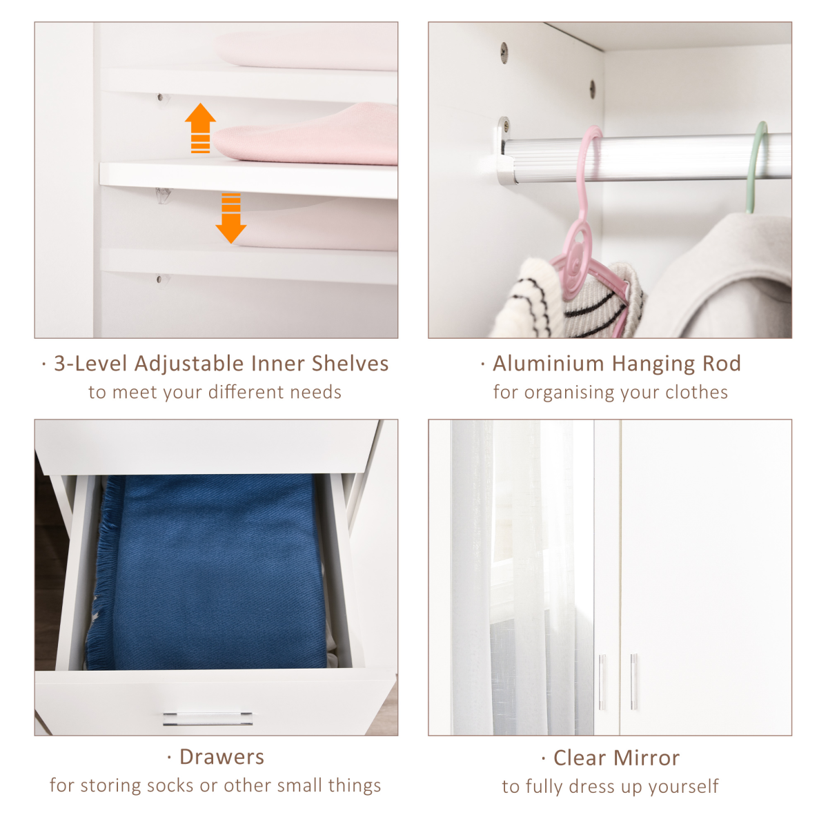 White 2-Door Wardrobe with Mirror, 3 Drawers, Shelves & Rail