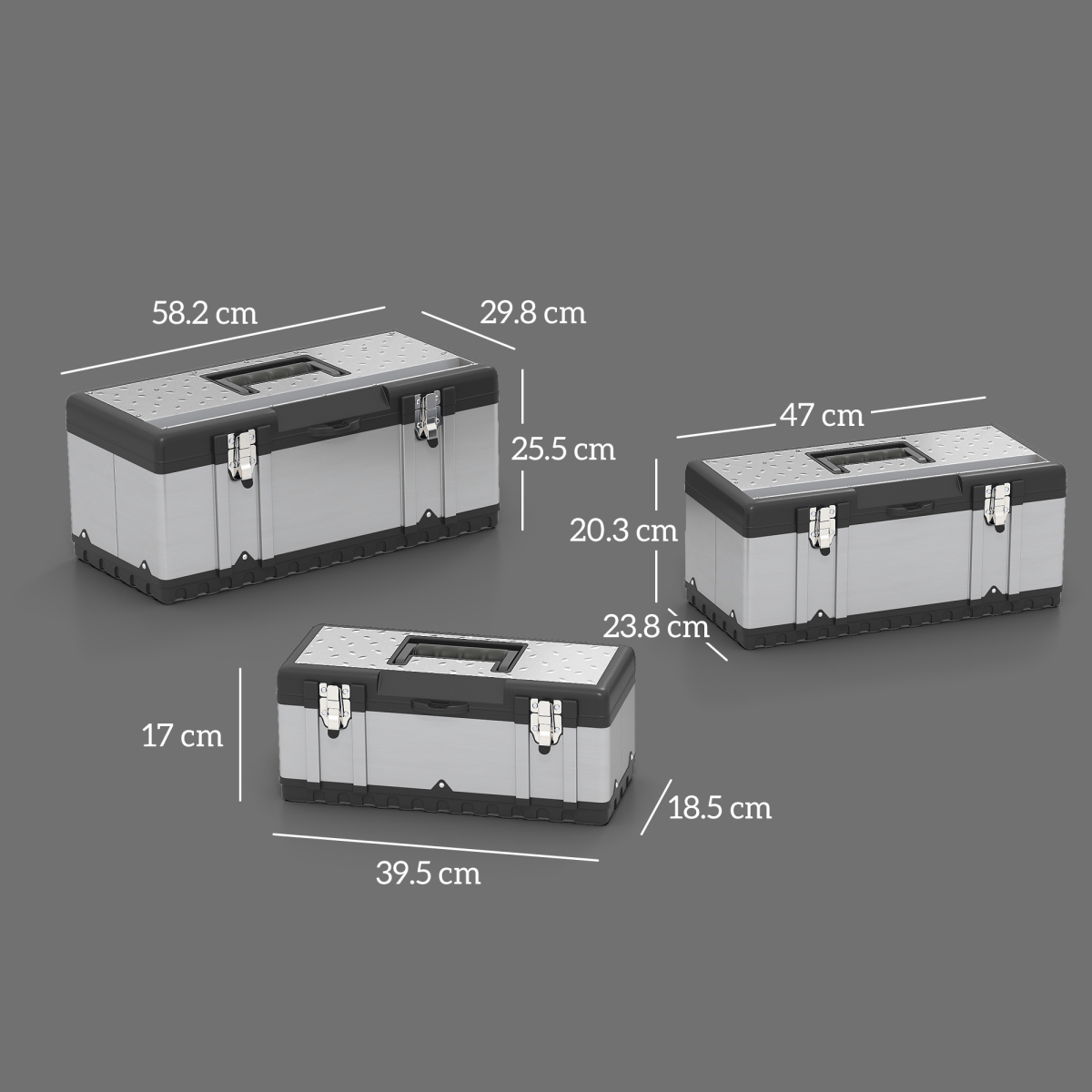 HOMCOM 3-Piece Stainless Steel Tool Box Set with Trays