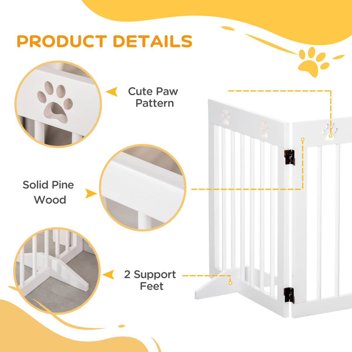 PawHut Freestanding 4-Panel Folding Wooden Pet Gate with Support Feet for Small Dogs