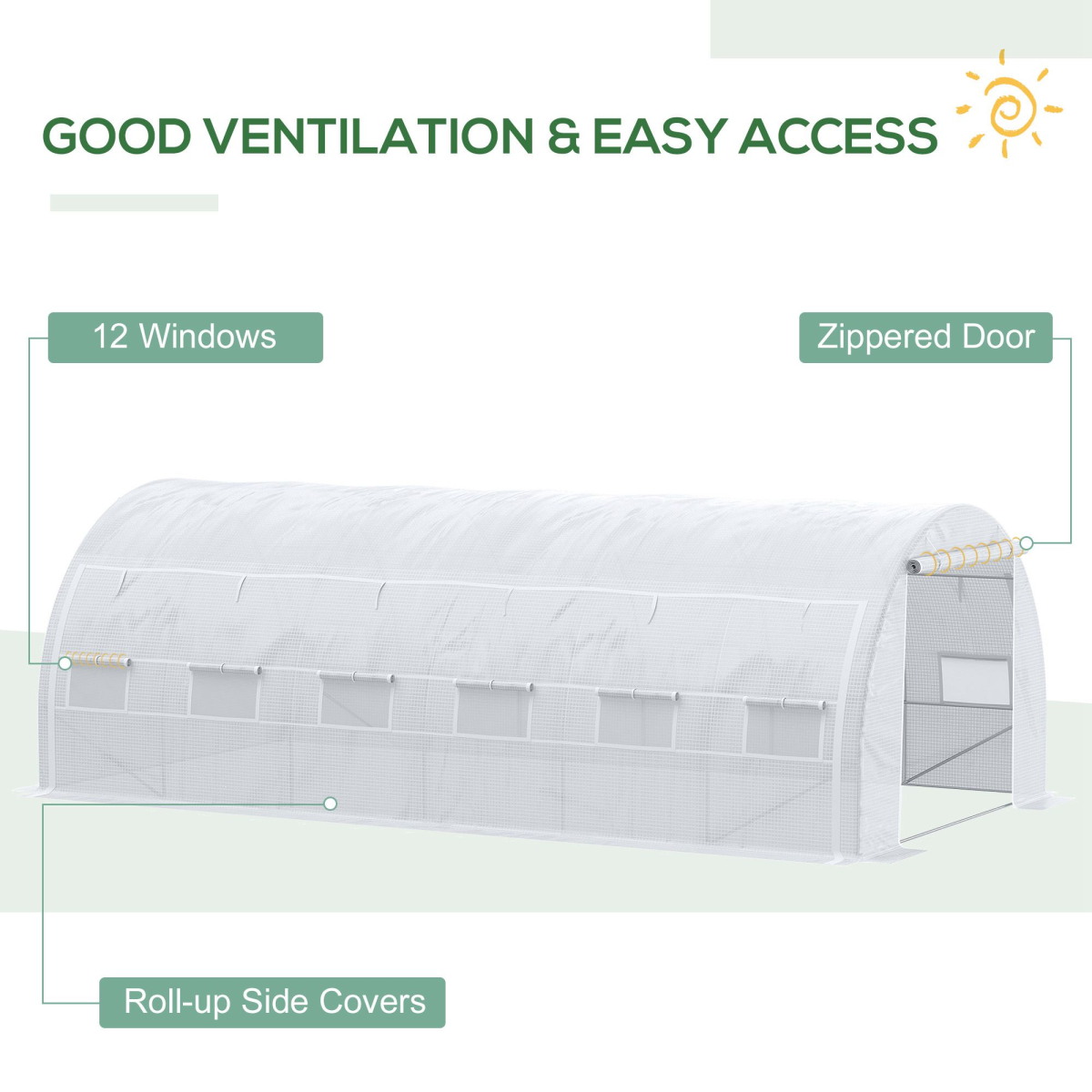 Outsunny 6 x 3 x 2 m Walk-In Polytunnel Greenhouse with Galvanised Steel Frame, Roll-Up Door and 12 Windows, White
