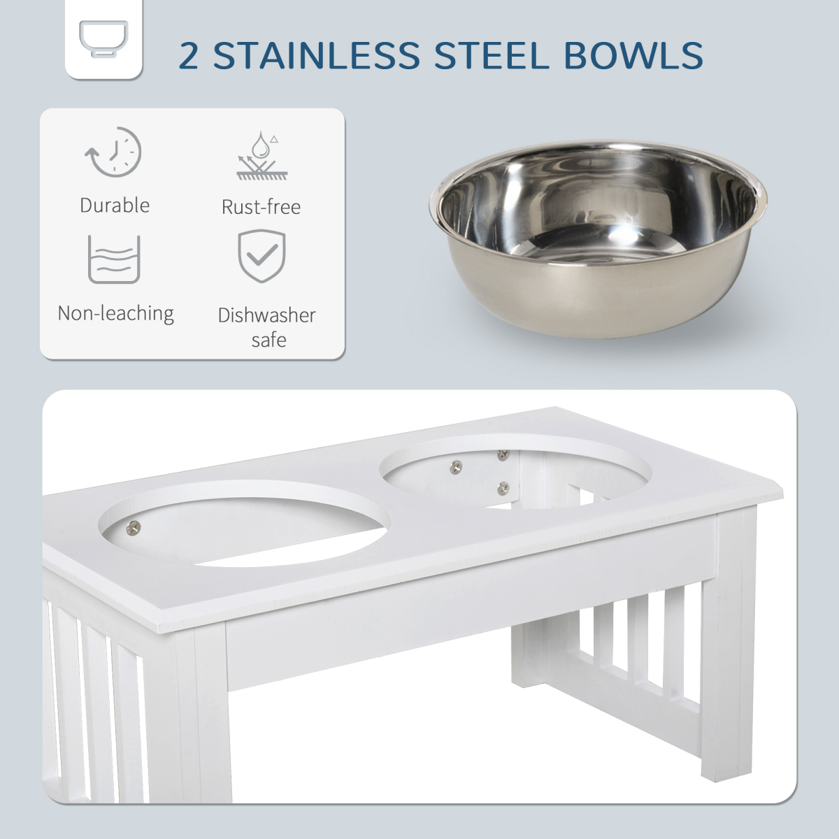 Elevated Pet Feeder Stand with 2 Stainless Steel Bowls, White