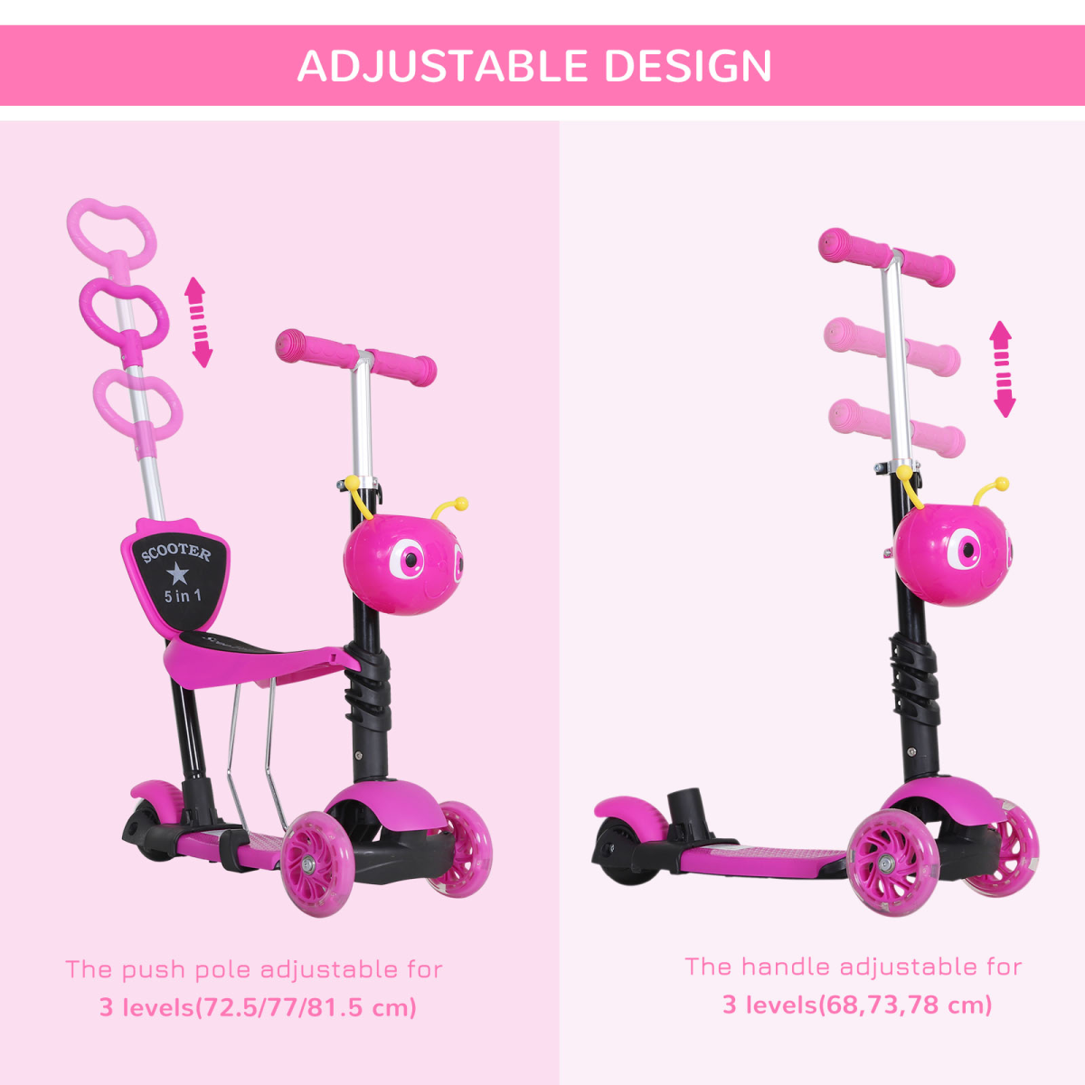 HOMCOM 5-in-1 Kids Toddler Scooter with Removable Seat, Adjustable Handle