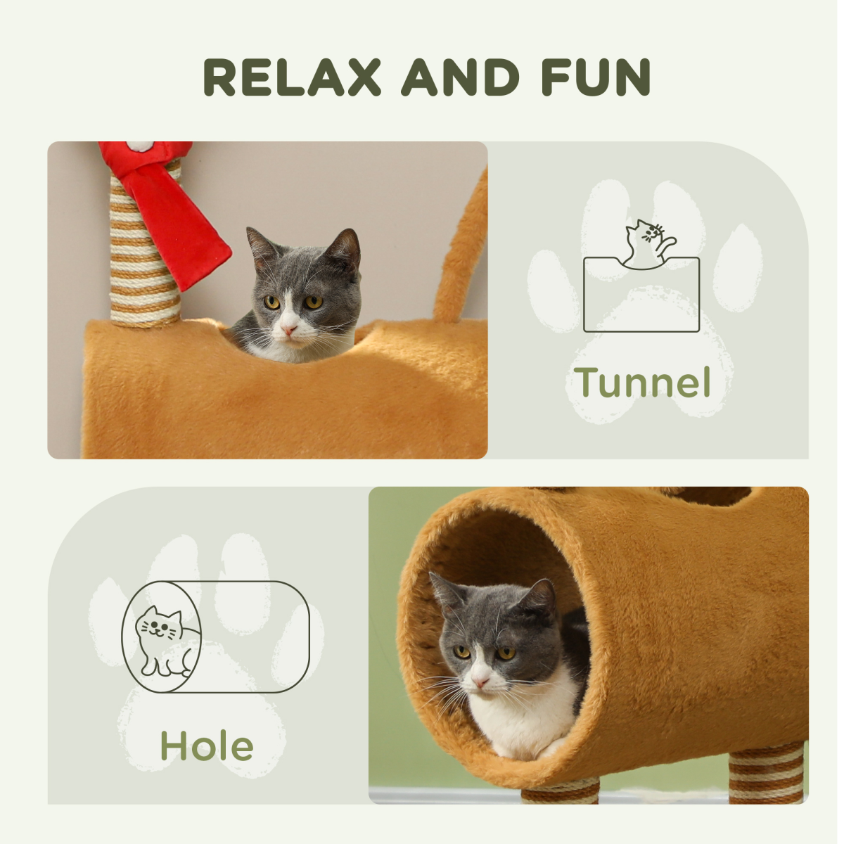 PawHut Deer-Themed Cat Tree with Tunnel and Toy Ball