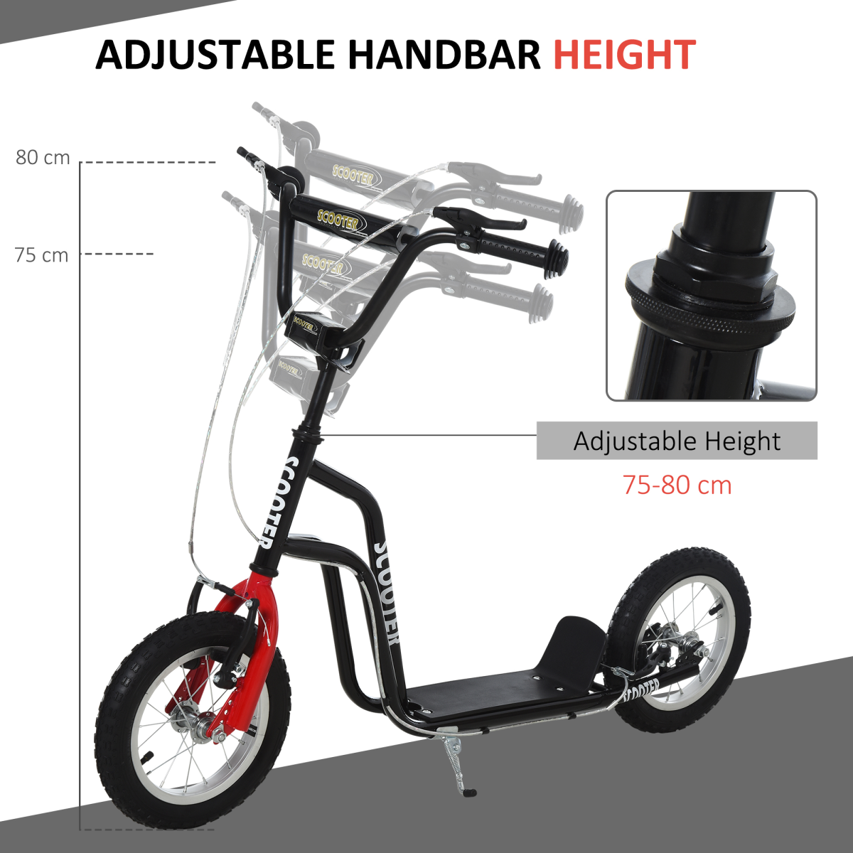 HOMCOM 75-80cm Kids Kick Scooter Adjustable Handlebar Inflatable Wheels Black