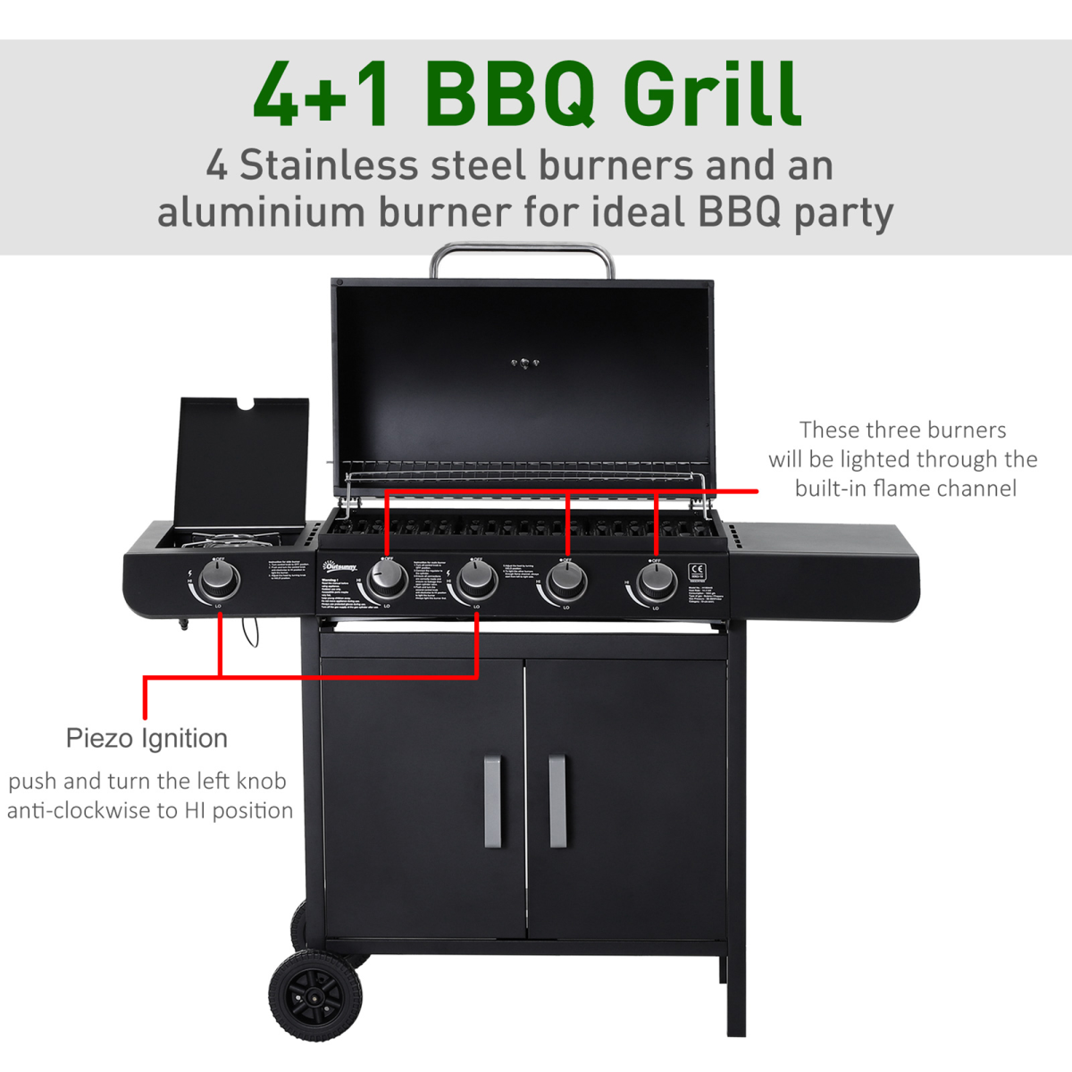 Outsunny 4+1 Gas BBQ Grill with 4 Stainless Steel Burners, Aluminium Side Burner, Lid, Thermometer, Wheels, Steel Black