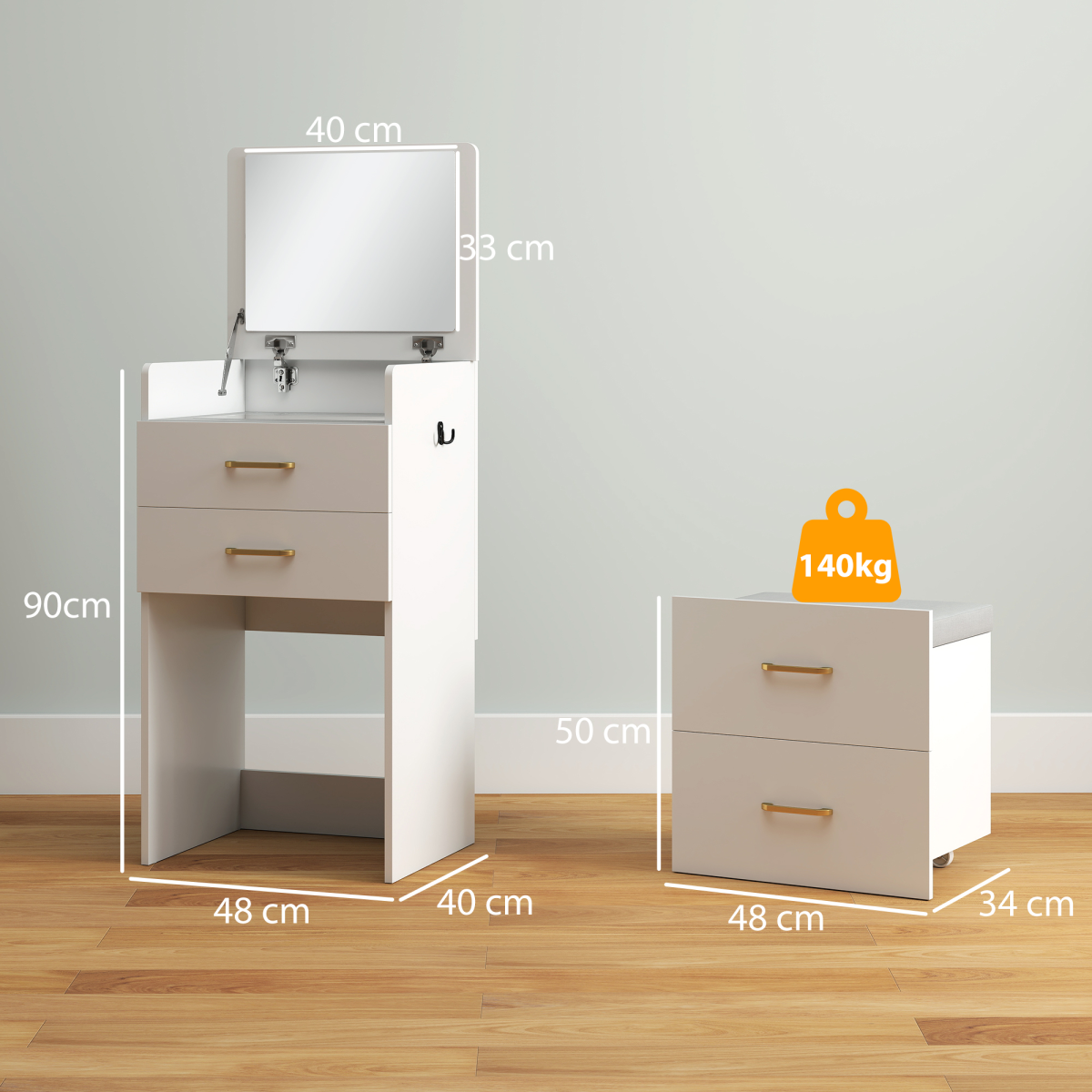 HOMCOM 3-in-1 Dressing Table Vanity Desk with Mirror & Cushioned Stool