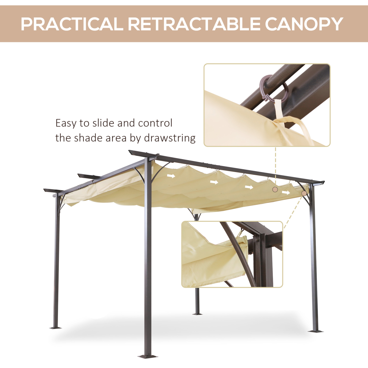 Outsunny Steel Pergola, 350L cm, Powder-Coated Steel Frame, Retractable Anti-UV Water-Repelling Canopy Roof