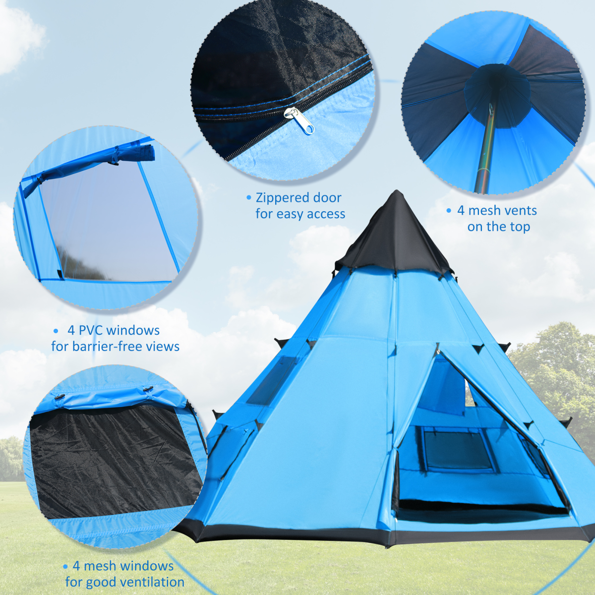 Outsunny 6-Person Large Family Tipi Camping Tent with Carry Bag and Mesh Windows