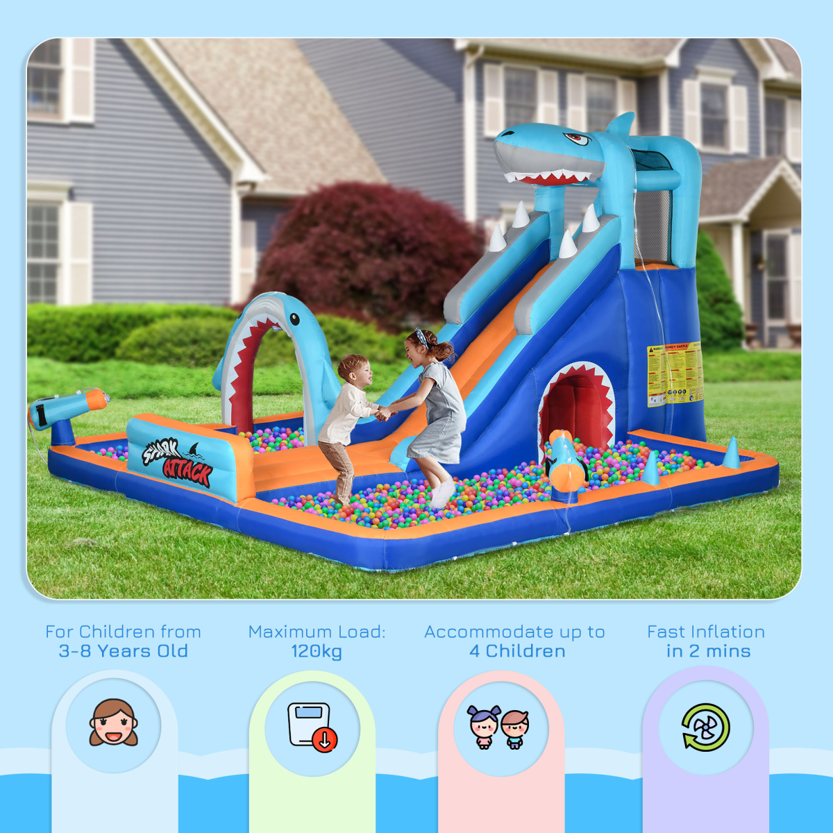 Outsunny 6-in-1 Kids Shark-Themed Bouncy Castle Water Park with Slide, Pool, Trampoline and Blower