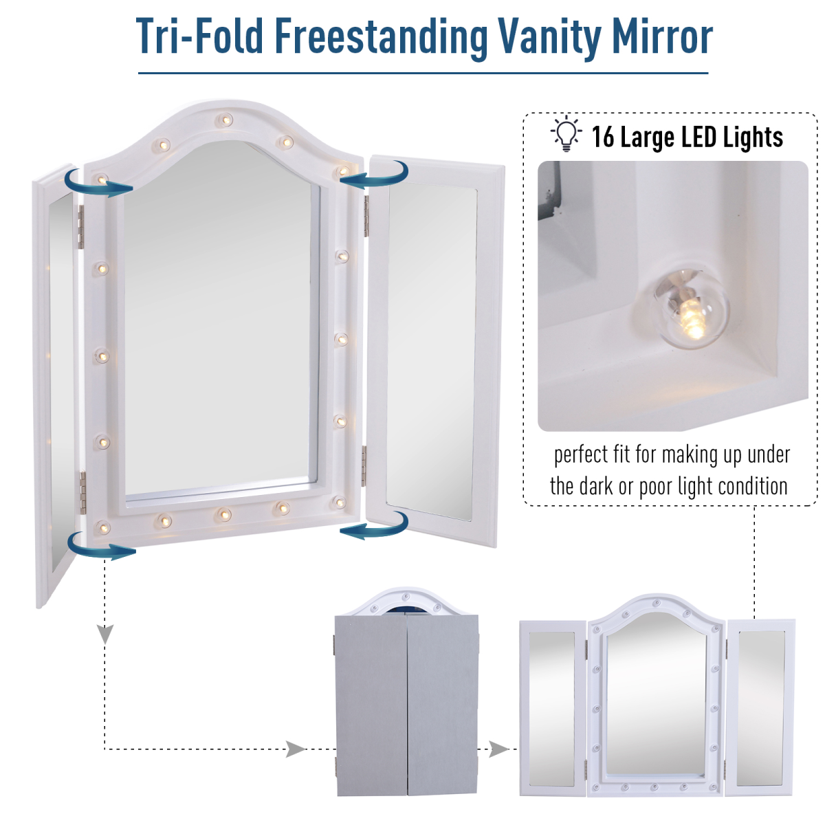 HOMCOM Tri-Fold Vanity Mirror with 16 LED Lights, White