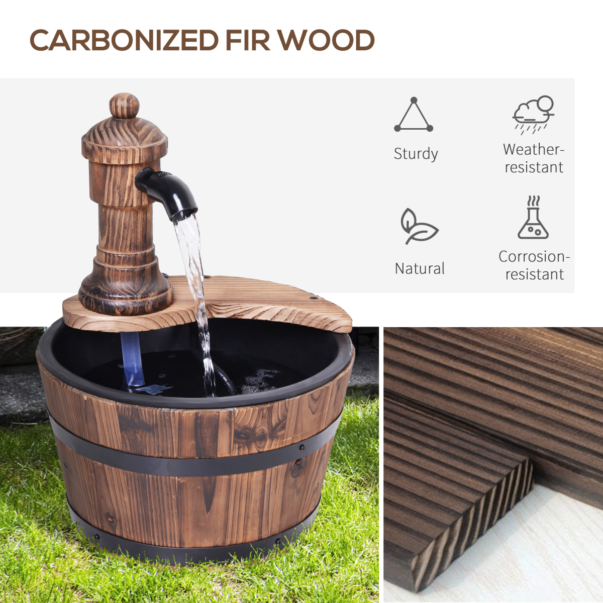 Outsunny Rustic Wooden Barrel Water Fountain with Electric Pump, Garden Planter and Ornament