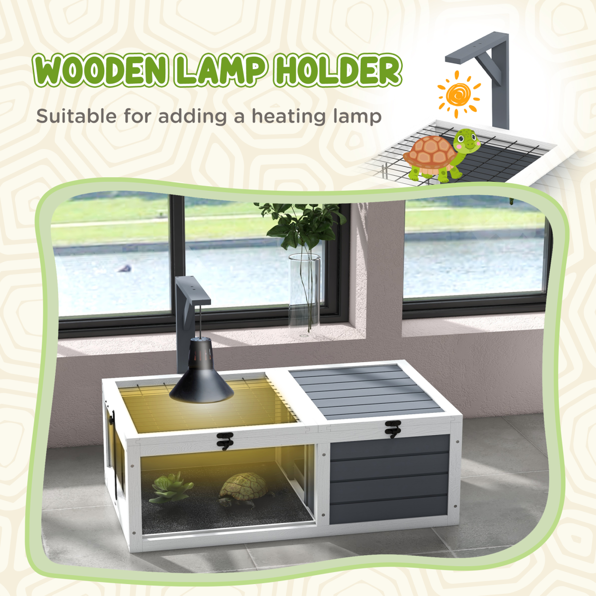 PawHut Grey Wooden Tortoise House with Basking Area & Lamp Holder