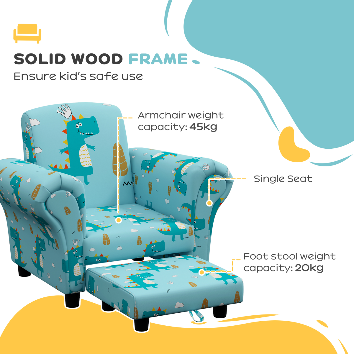 AIYAPLAY 2 Piece Kids Sofa Set, Dinosaur Print, Blue for Nursery