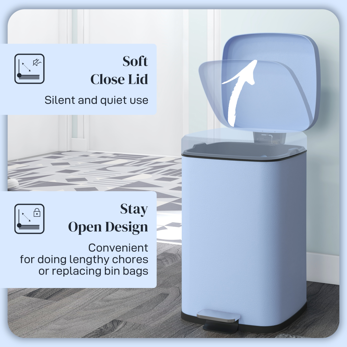 PawHut 20L Metal Kitchen Pedal Bin with Soft-Close Lid, Light Blue