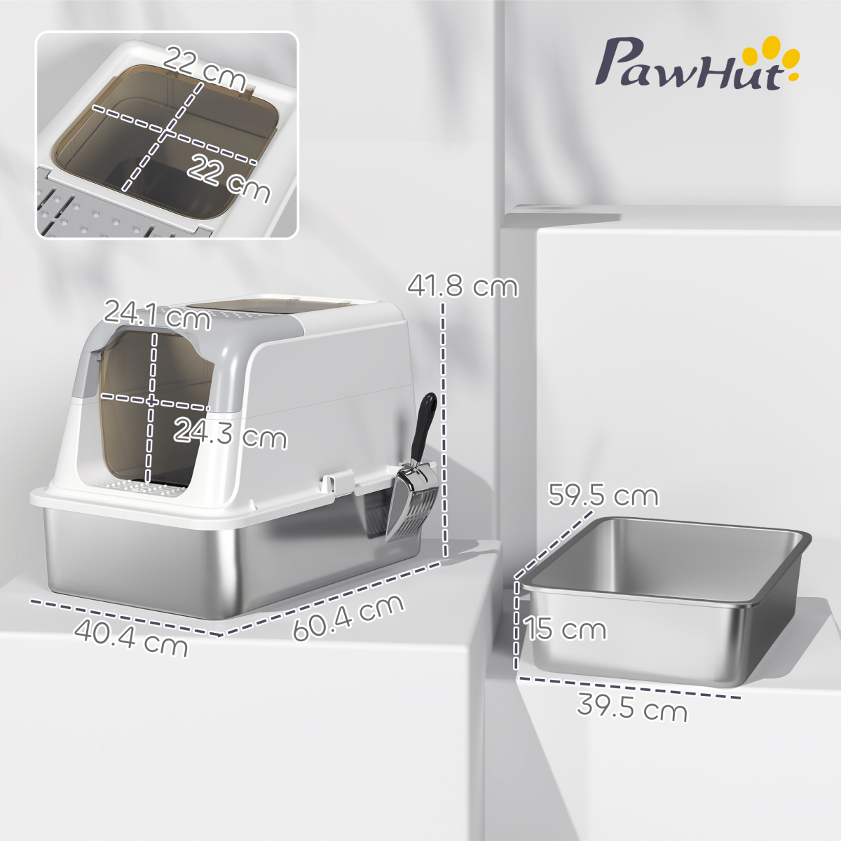 PawHut Enclosed Stainless Steel Cat Litter Box with Scoop