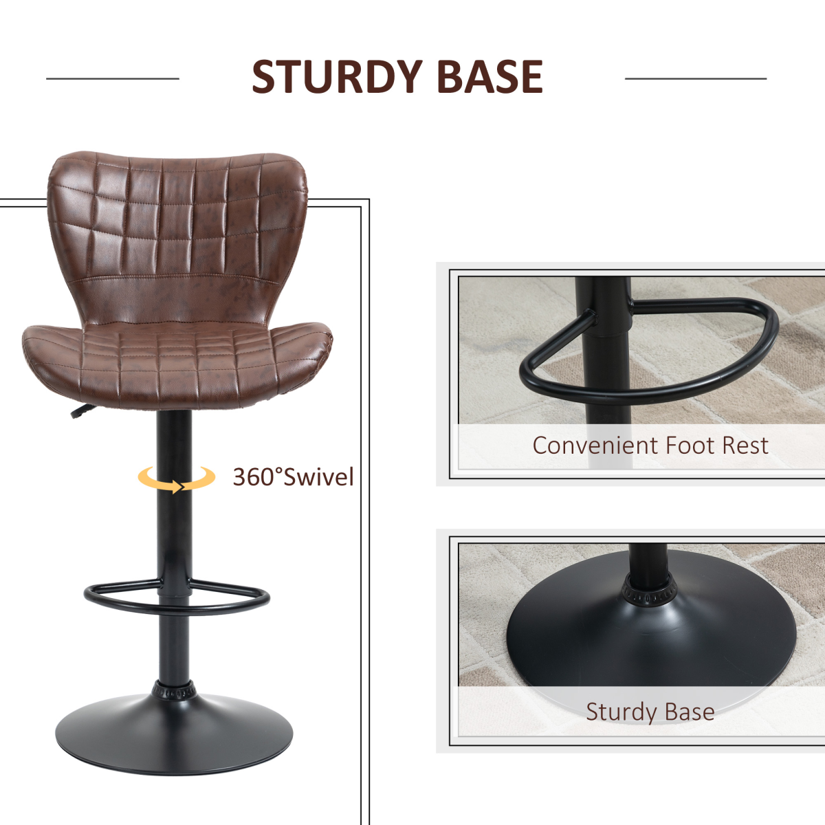 HOMCOM Set of 2 Adjustable Height Swivel Bar Stools with Backrest, PU Leather, Brown